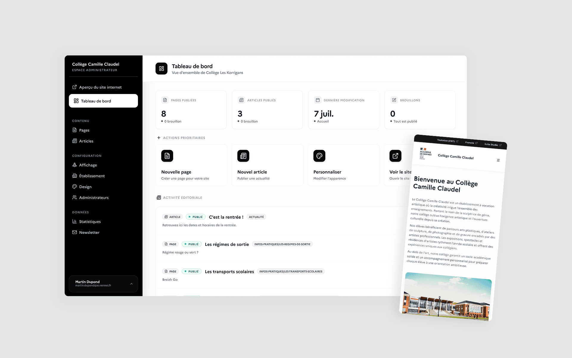 Le back-office de Sites Studio et le site qu'il produit : à gauche le tableau de bord d'un collège - pages et articles publiés, actions rapides, activité éditoriale ; à droite, sur mobile, la page d'accueil du site tel que le public le voit.