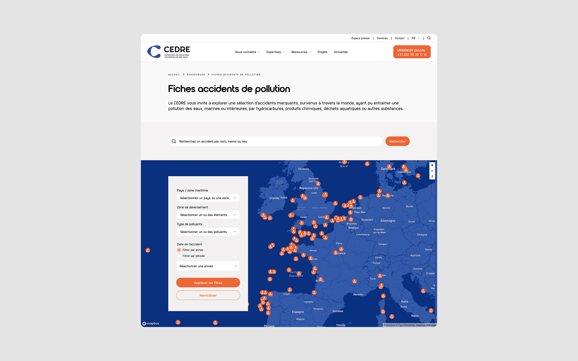 La carte interactive des accidents de pollution : la recherche par critères à côté de la carte parcourable.