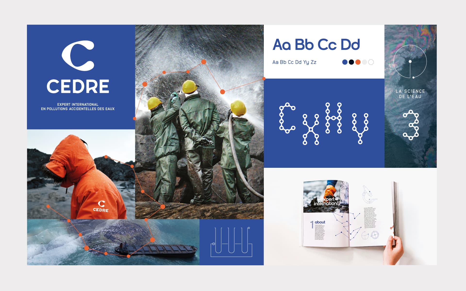 Le moodboard de la nouvelle identité du CEDRE : palette, typographies et déclinaisons sur les supports print.