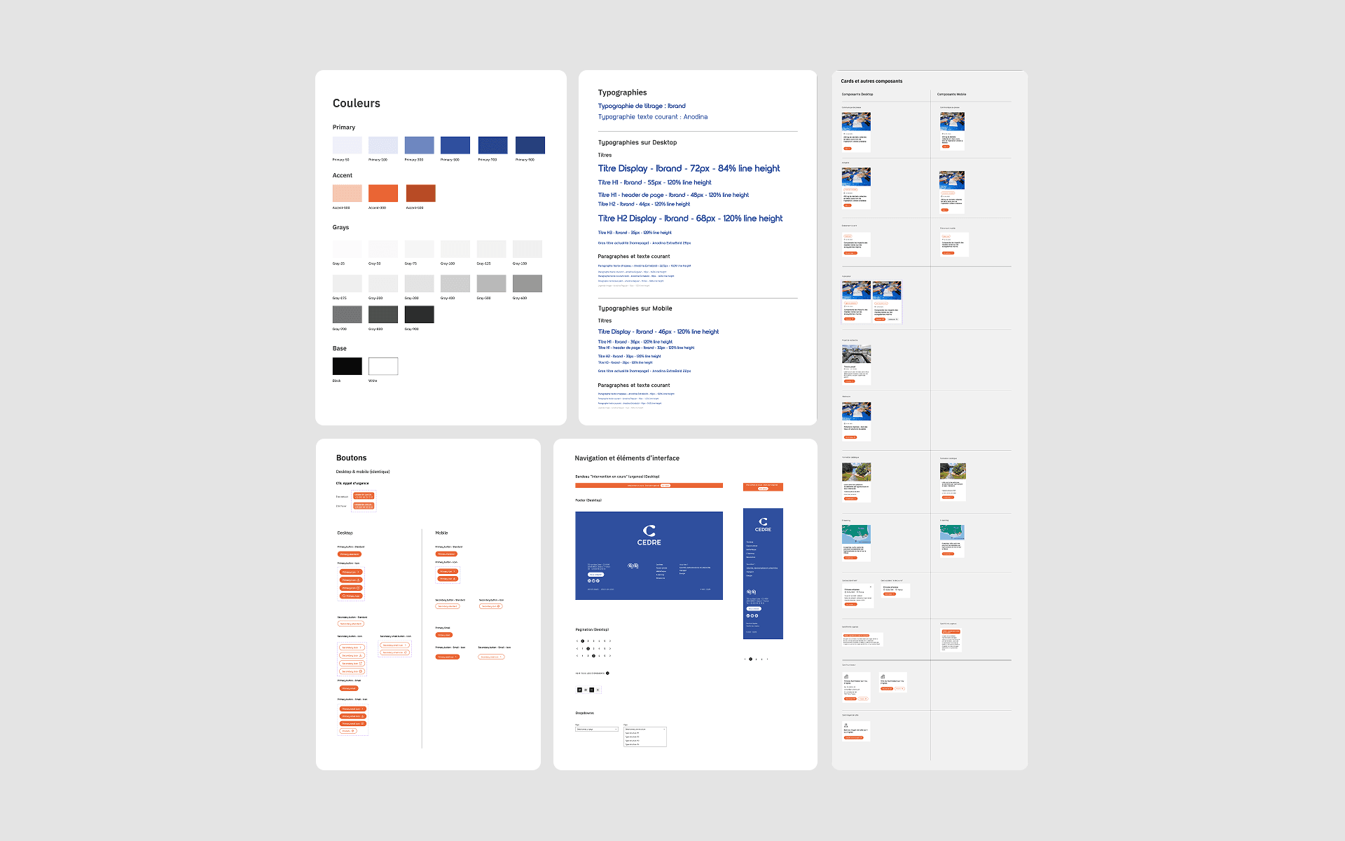 Le système d'interface du CEDRE : palette de couleurs, hiérarchie typographique, boutons et composants.