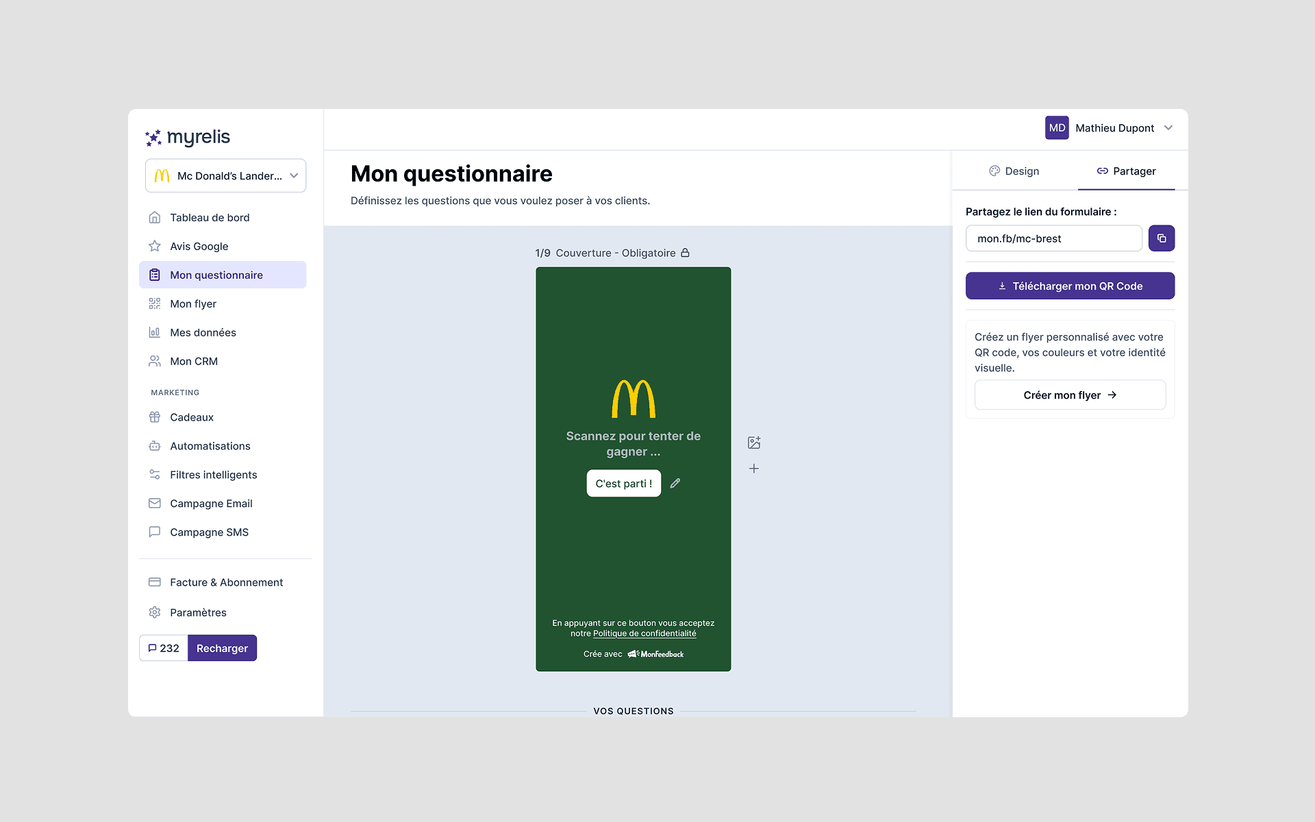 L'écran « Mon questionnaire » de Myrelis après la refonte : « Mon flyer » a désormais sa propre entrée dans le menu latéral, et le panneau de droite propose deux sorties, télécharger le QR code ou créer un flyer personnalisé.