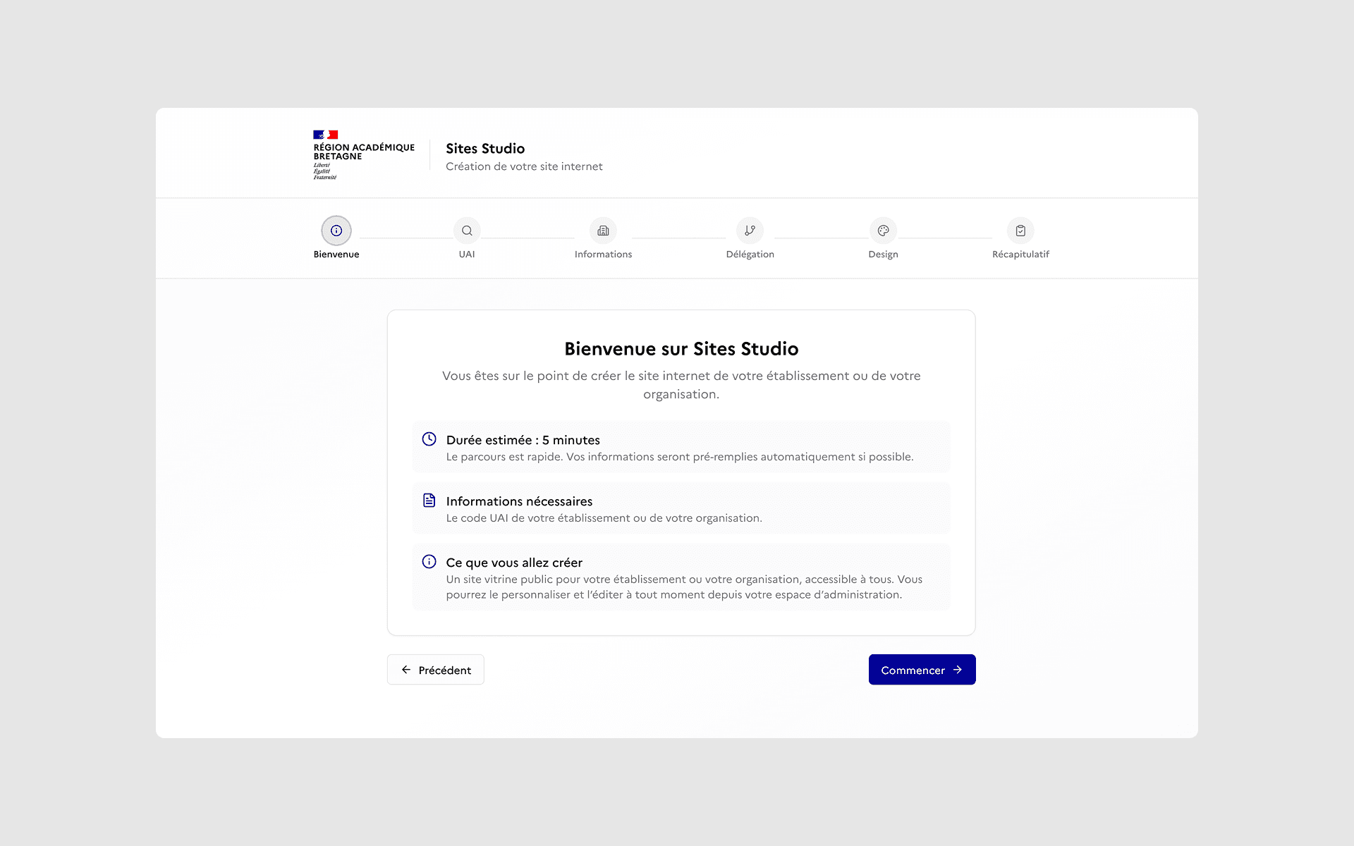 L'entrée du parcours de création d'un site : le fil des six étapes - Bienvenue, UAI, Informations, Délégation, Design, Récapitulatif - et l'écran d'accueil annonçant cinq minutes, le code UAI comme seule information à fournir et le site vitrine qui en résultera.