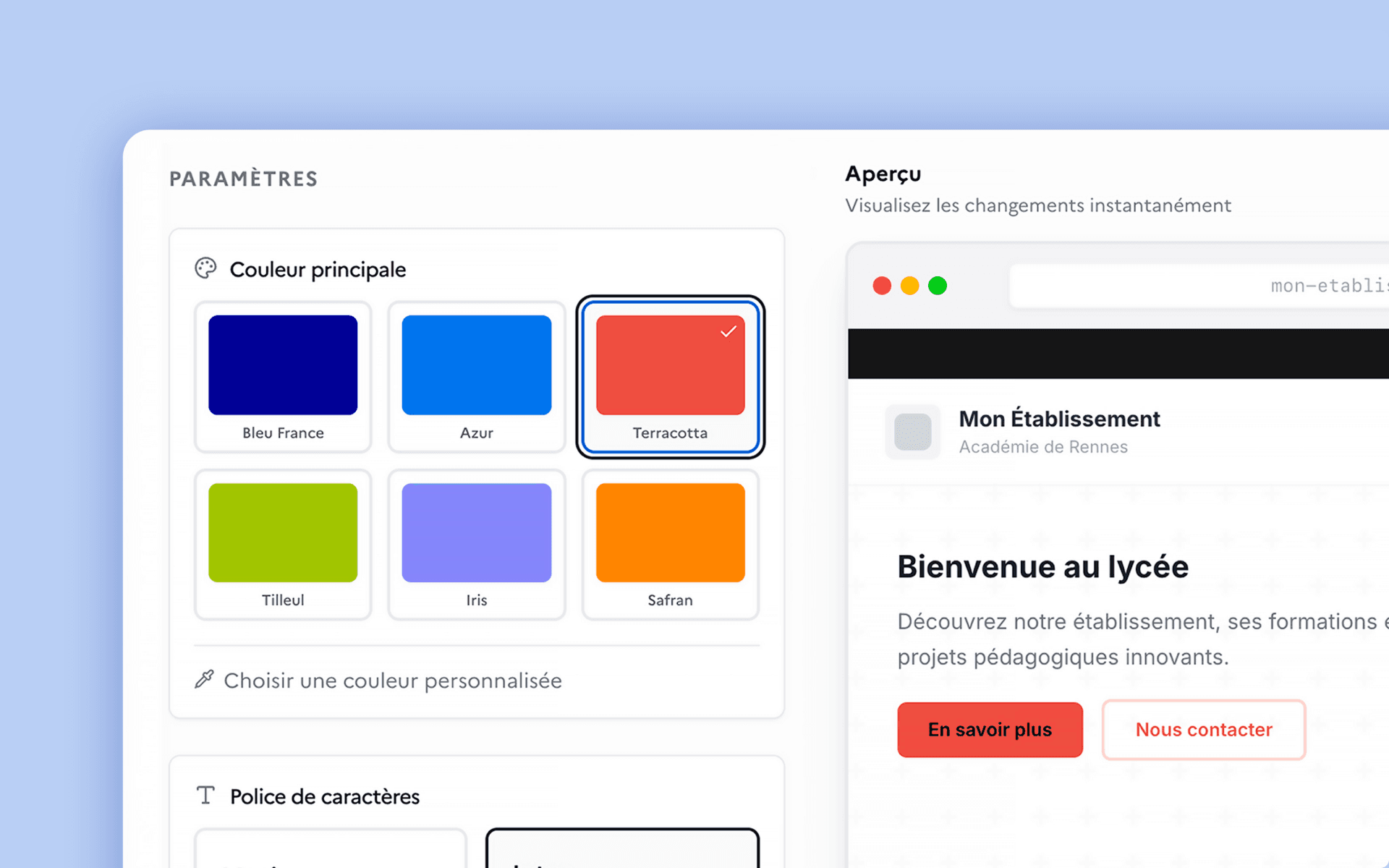 Les réglages de personnalisation du site : couleur principale, typographie, niveau d'arrondis et motif de fond, avec l'aperçu qui restitue leur effet sur les composants.