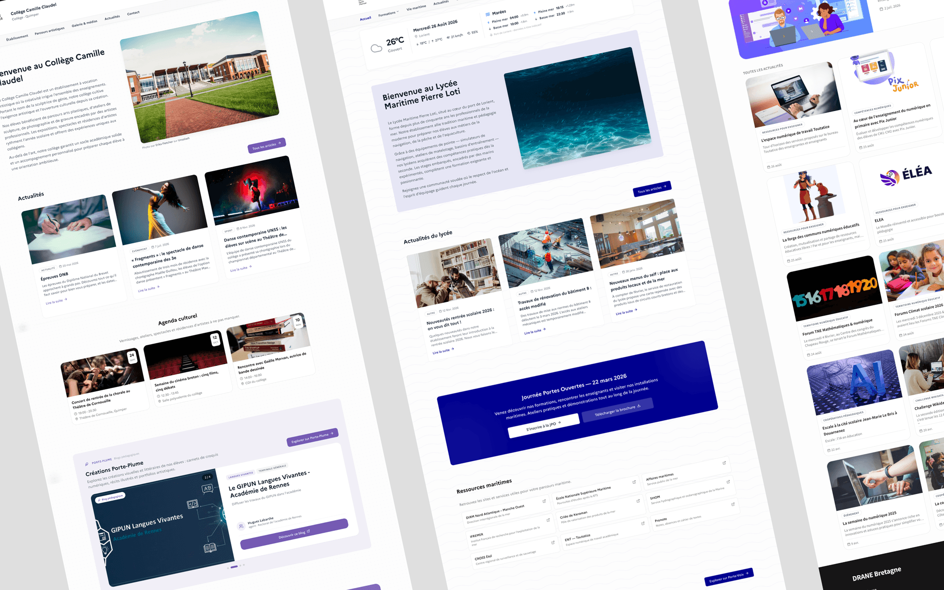 Trois sites produits avec Sites Studio, côte à côte : celui d'un collège, avec ses actualités, son agenda culturel et ses créations Porte-Plume ; celui d'un lycée maritime, avec sa météo et ses marées, sa journée portes ouvertes et ses ressources métier ; et un site de la DRANE, tourné vers les ressources pour enseigner.