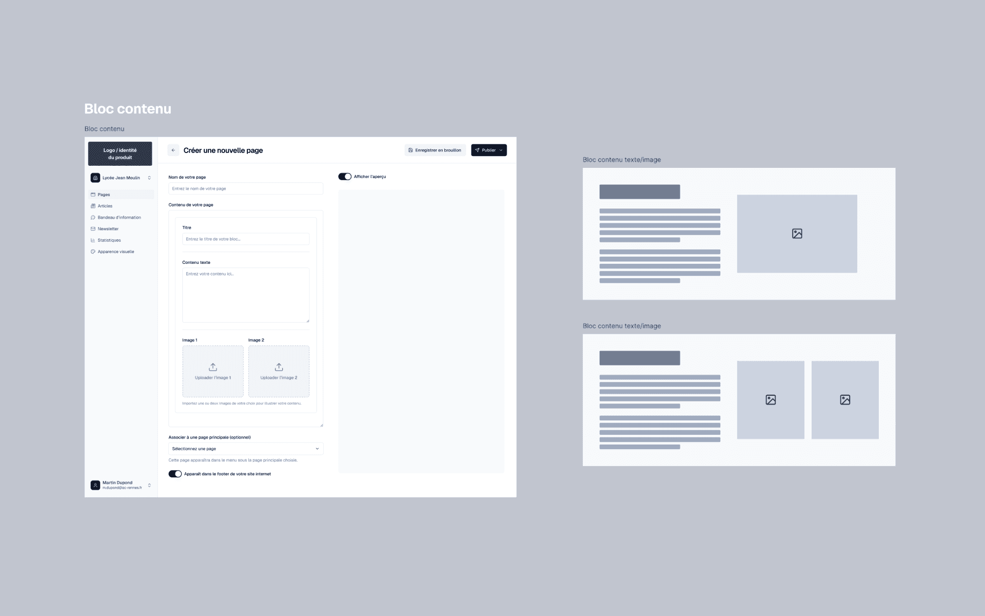 Premiers wireframes du produit : organisation des pages et sous-pages, et système de blocs de contenu.